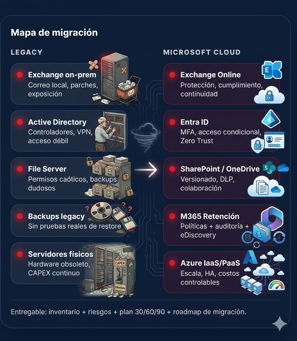 Mapa de migración: Legacy a Microsoft Cloud (Exchange, AD, File Server, Backups, Servidores físicos) hacia Exchange Online, Entra ID, SharePoint/OneDrive, Retención M365 y Azure IaaS/PaaS.